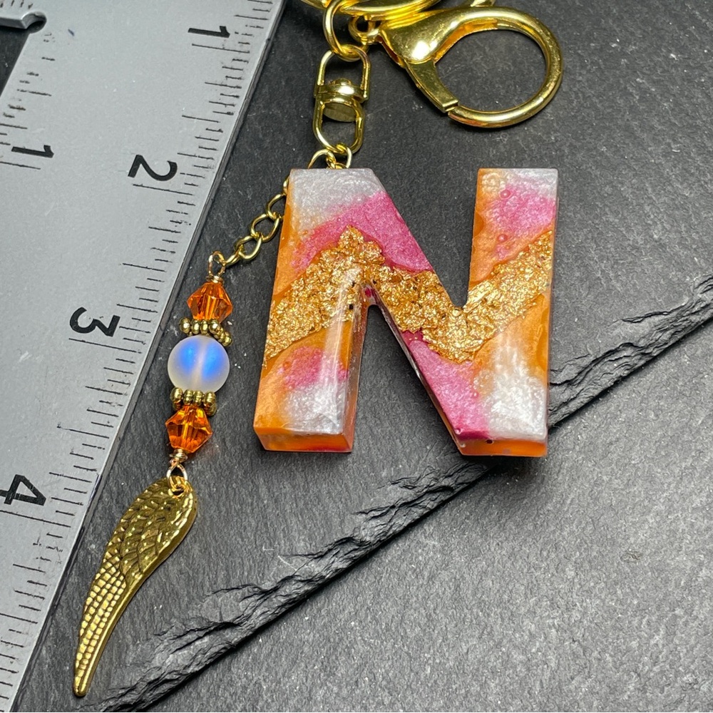 Orange, Gold and Pink Initial Letter “N” Boho Keychain With Angel Wing Charm - Picture 10 of 11